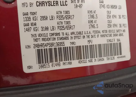 2008 Chrysler Town & Country Touring z USA, uszkodzony, nr VIN 2A8HR54P58R136955